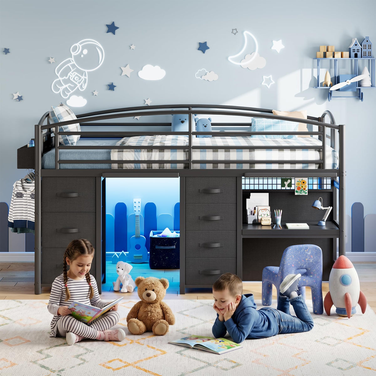 Twin Size Low Loft Bed with 7 Storage Drawers, Desk and LED Lights, Black S466864