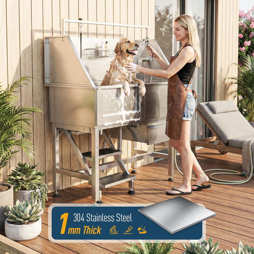 46" Stainless Steel Dog Washing Station with Removable Left Ramp & Storage Drawer L40179