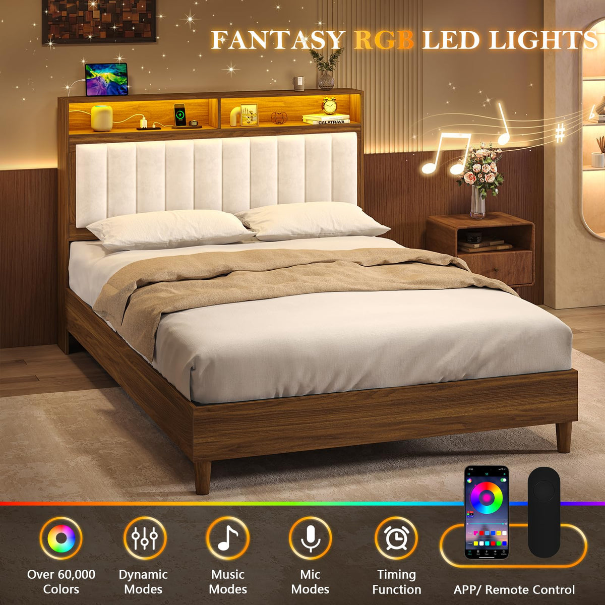 Wood Full Size Bed Frame with Charging Station & LED Lights Y47741