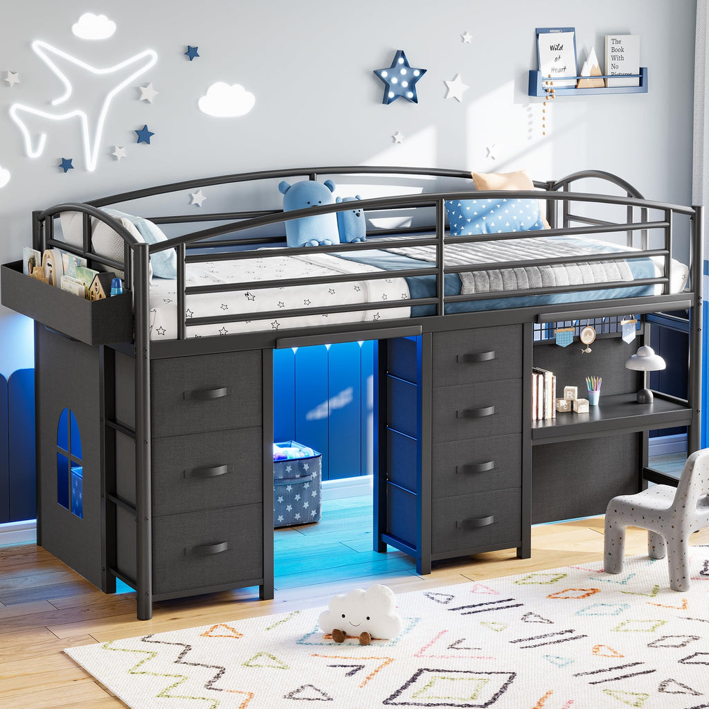 Twin Size Low Loft Bed with 7 Storage Drawers, Desk and LED Lights, Black S466864