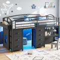 Twin Size Low Loft Bed with 7 Storage Drawers, Desk and LED Lights, Black S466864