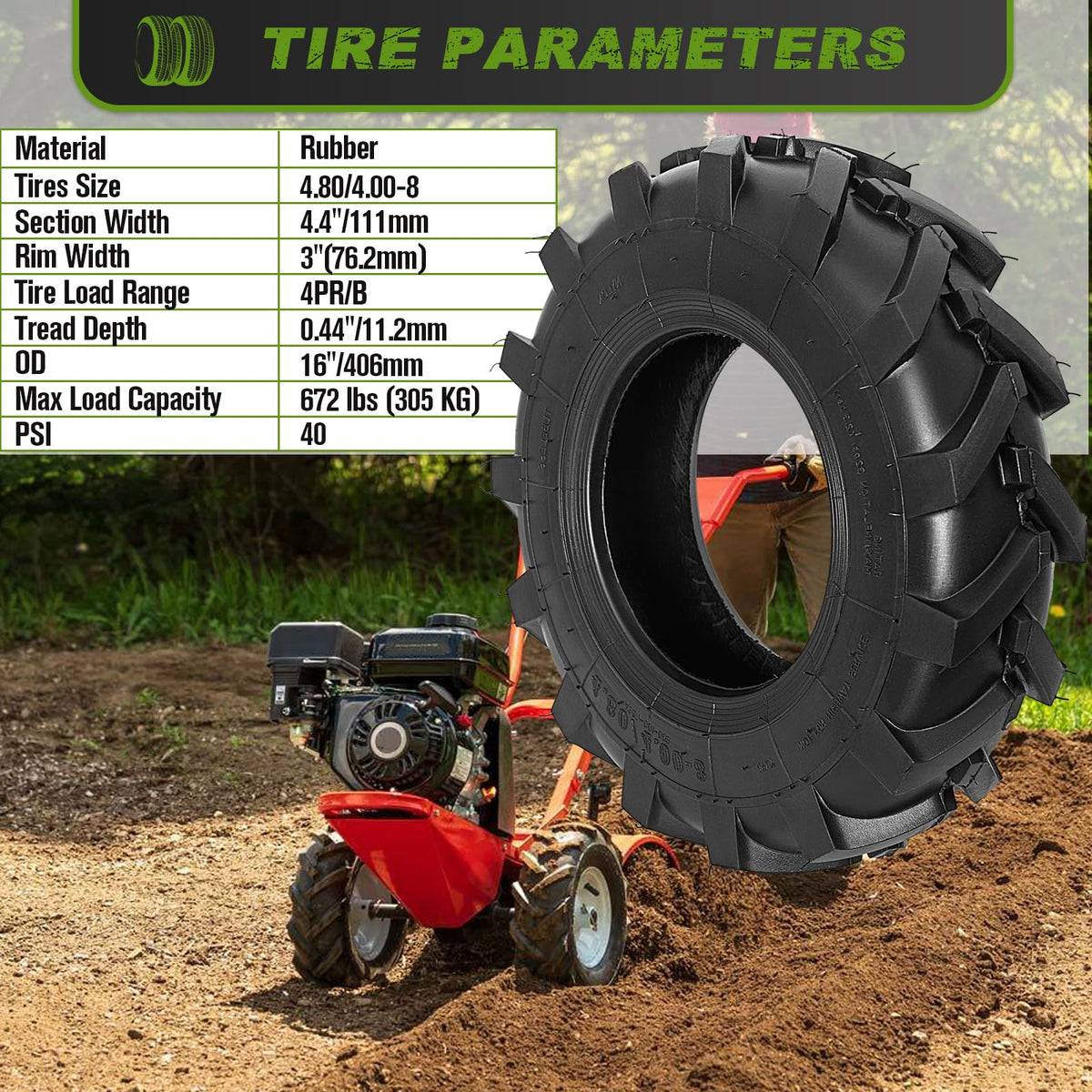 2 PCS 4.80/4.00-8 Tubeless Lawn Garden Tires R838836