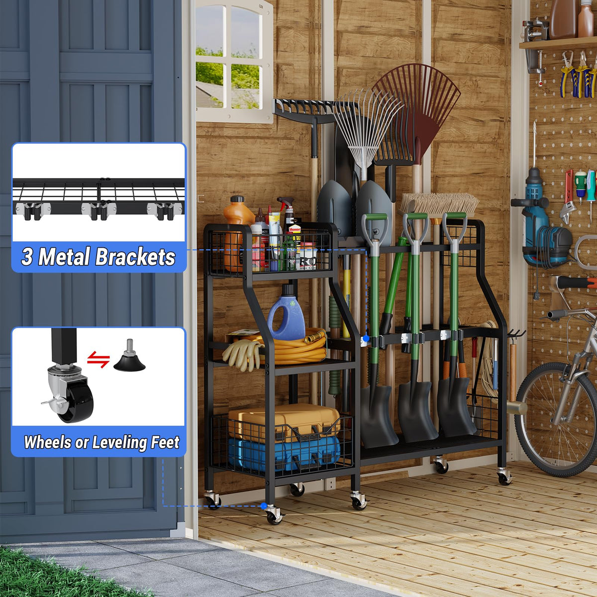 Heavy-Duty Garden Tool Organizer with 6 Wheels and 2 Baskets Y52778