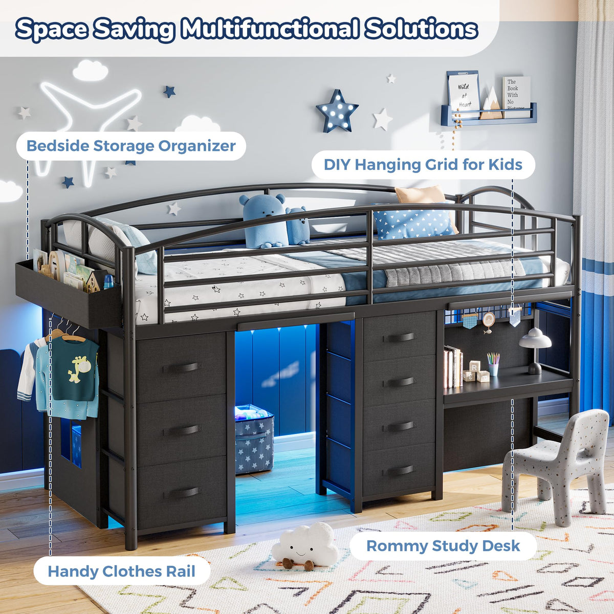 Twin Size Low Loft Bed with 7 Storage Drawers, Desk and LED Lights, Black S466864
