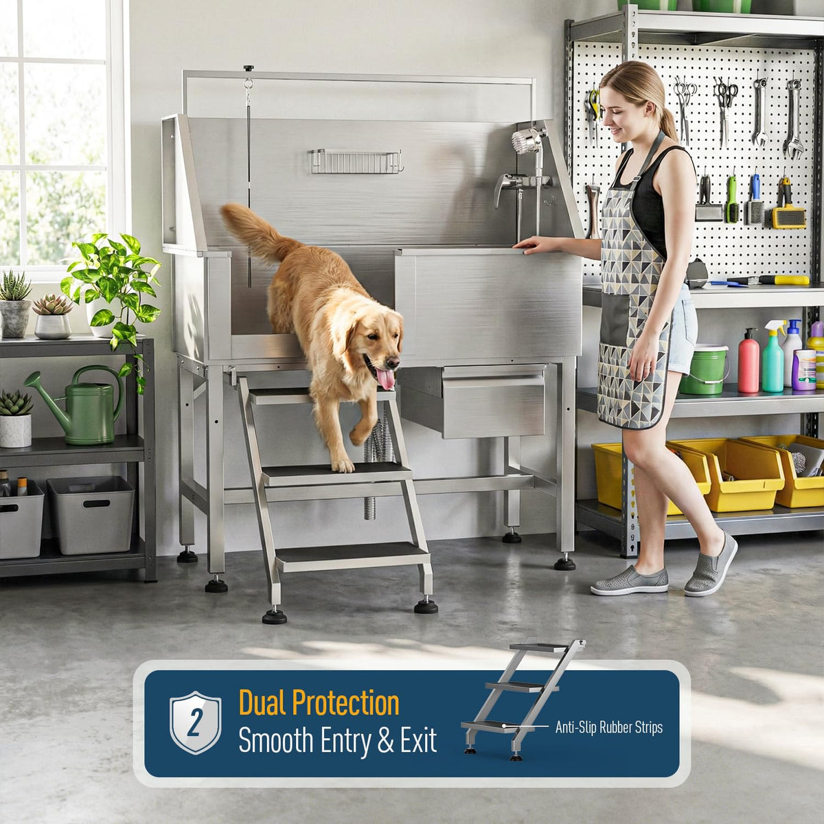 46" Stainless Steel Dog Washing Station with Removable Left Ramp & Storage Drawer L40179