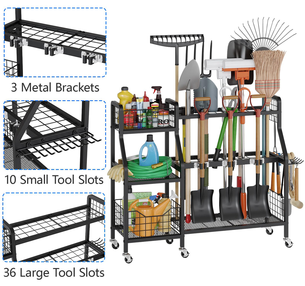 Heavy-Duty Garden Tool Organizer with 6 Wheels and 2 Baskets Y52778