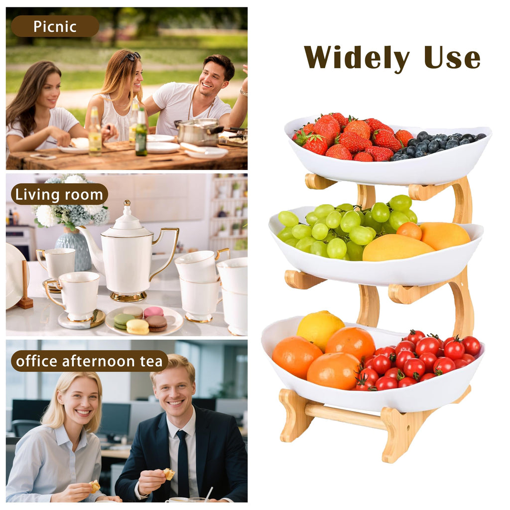 3 Tier Plastic Fruit Bowl with Bamboo Stand K72792