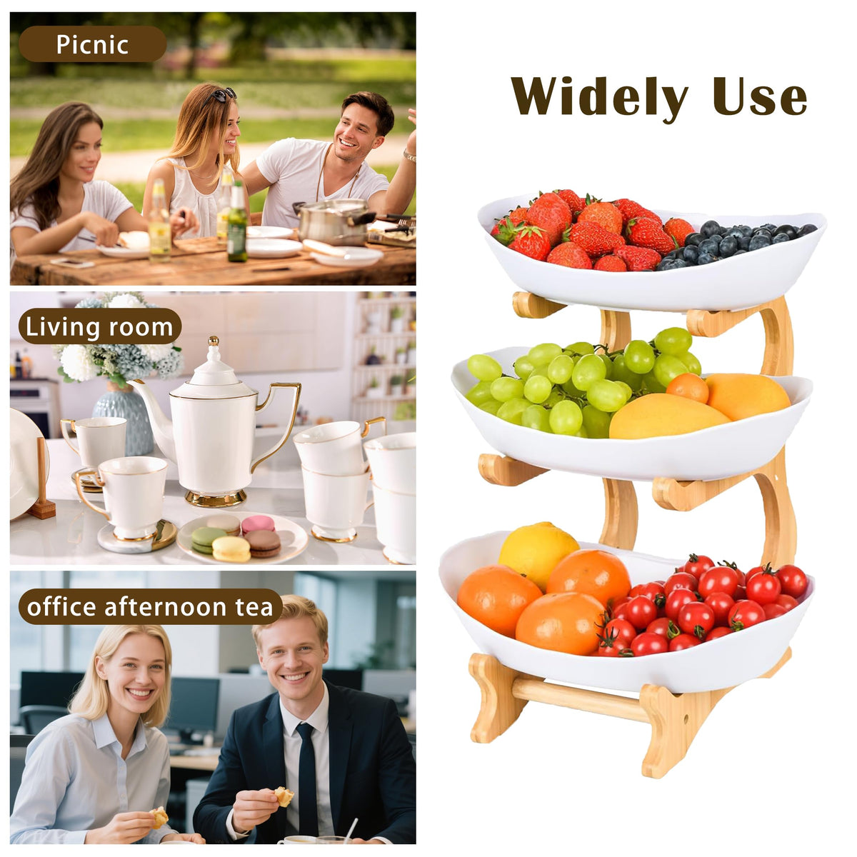 3 Tier Plastic Fruit Bowl with Bamboo Stand K72792