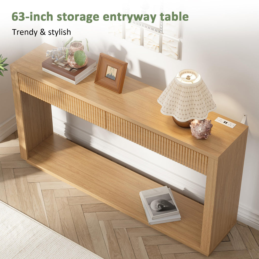 63 Inch Oak Console Table with 2 Drawers W233