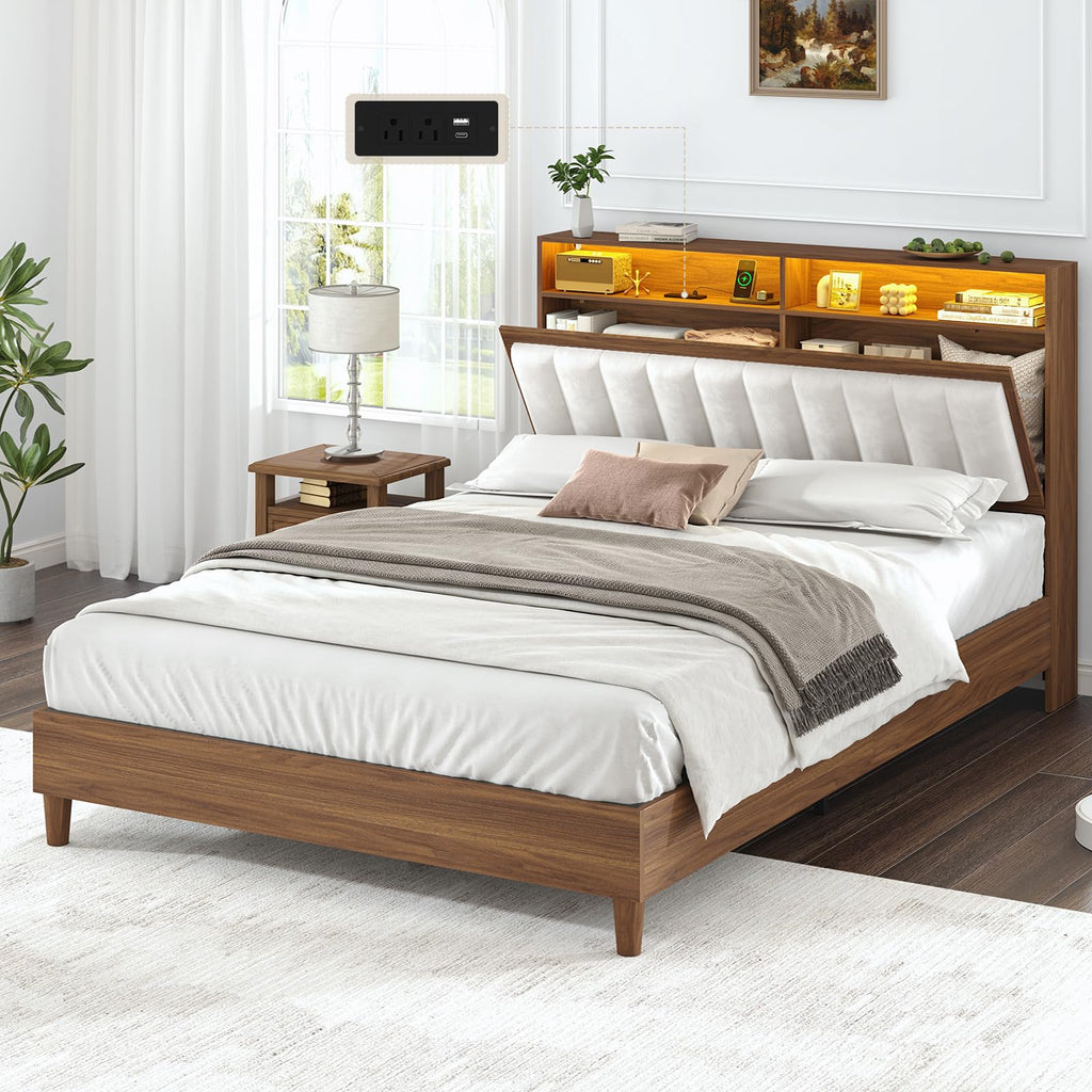 Wood Full Size Bed Frame with Charging Station & LED Lights Y47741