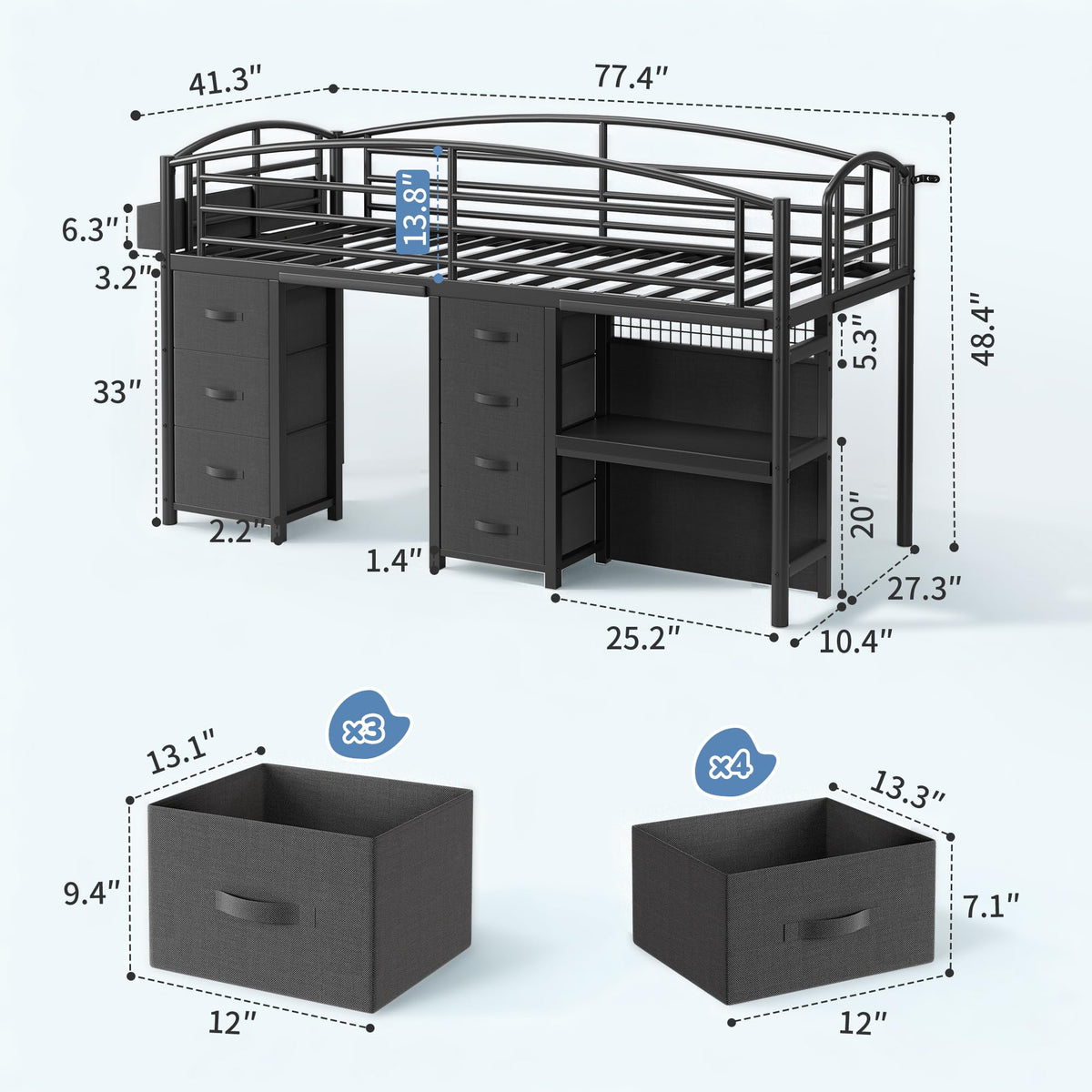 Twin Size Low Loft Bed with 7 Storage Drawers, Desk and LED Lights, Black S466864