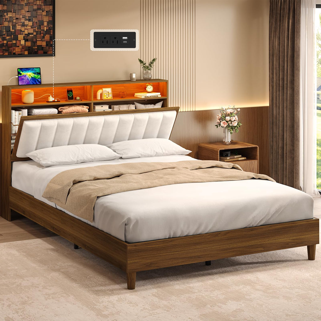 Wood Full Size Bed Frame with Charging Station & LED Lights Y47741