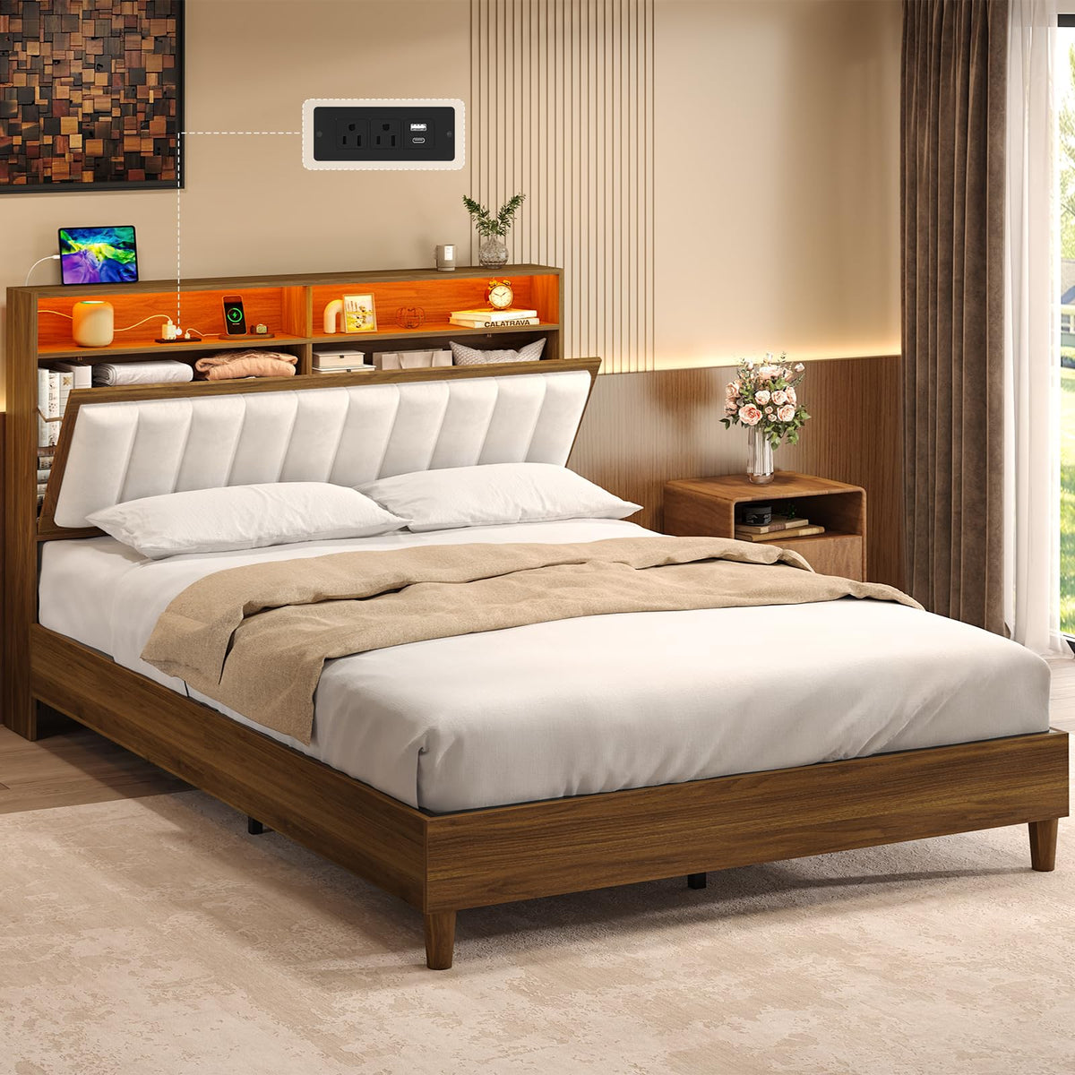 Wood Full Size Bed Frame with Charging Station & LED Lights Y47741