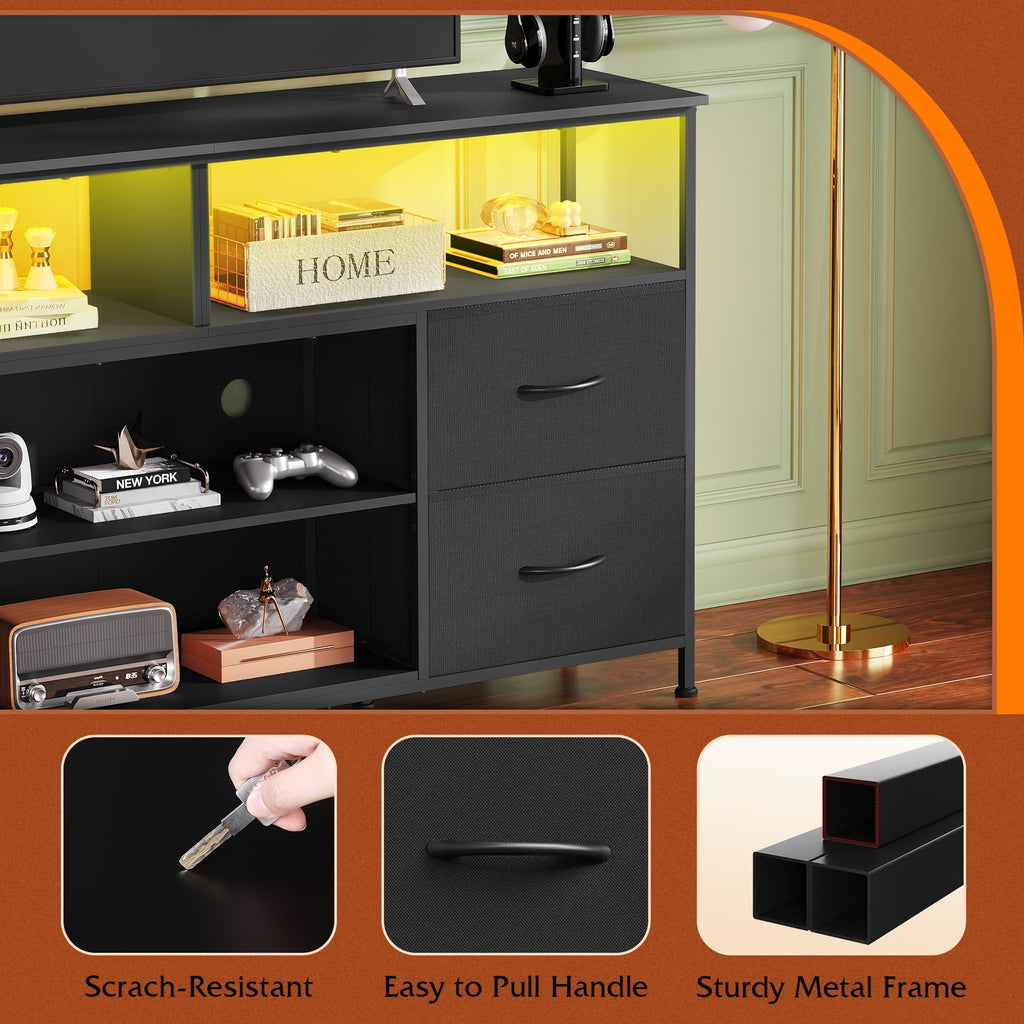 Black TV Stand Dresser with LED Lights and Fabric Drawers O477414