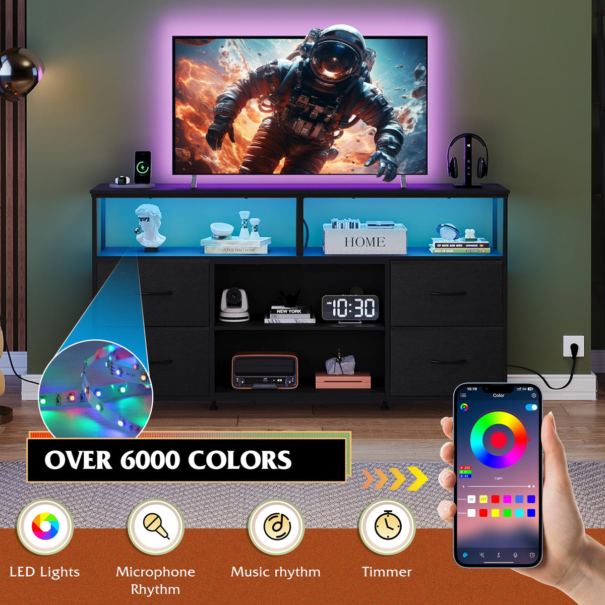 Black TV Stand Dresser with LED Lights and Fabric Drawers O477414