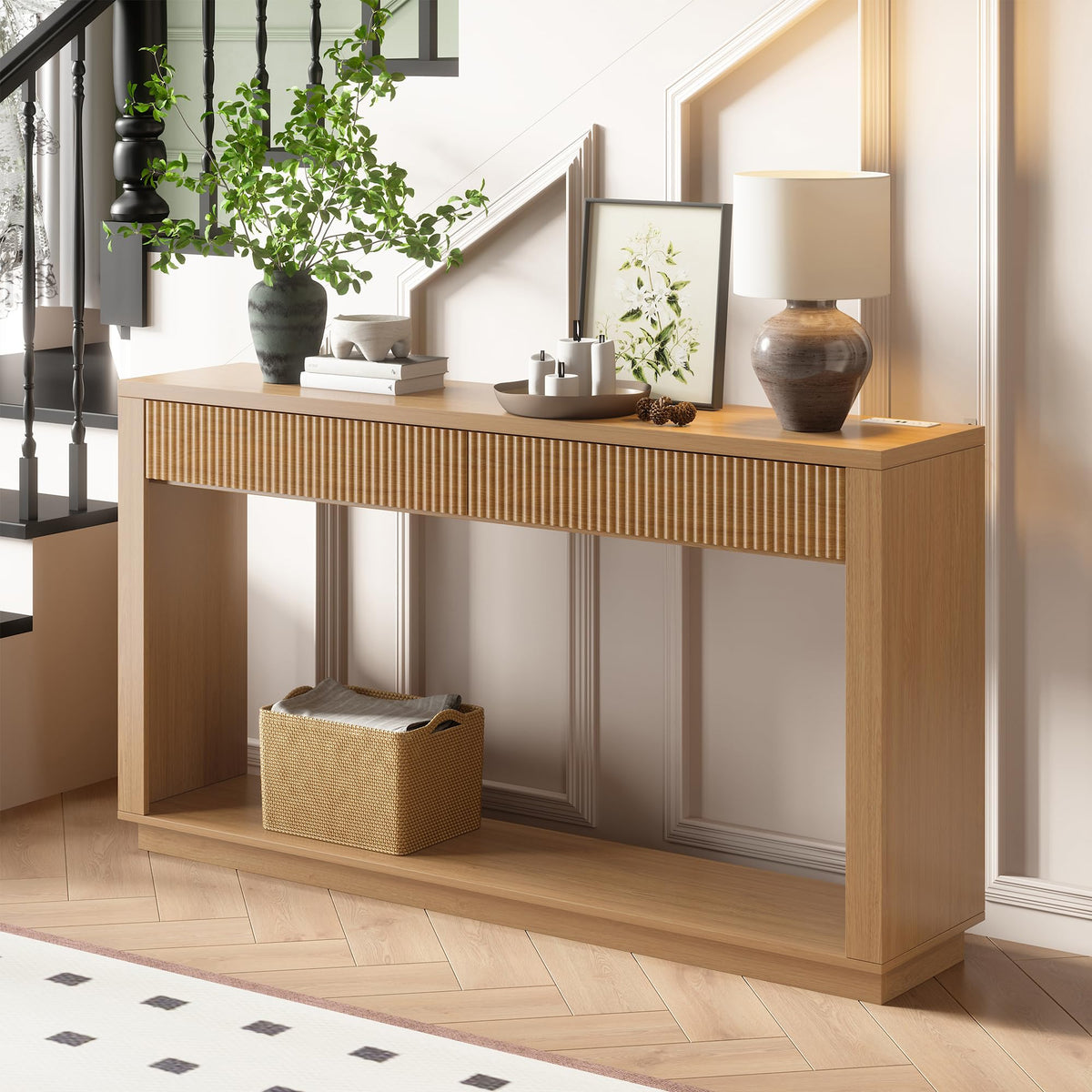 63 Inch Oak Console Table with 2 Drawers W233