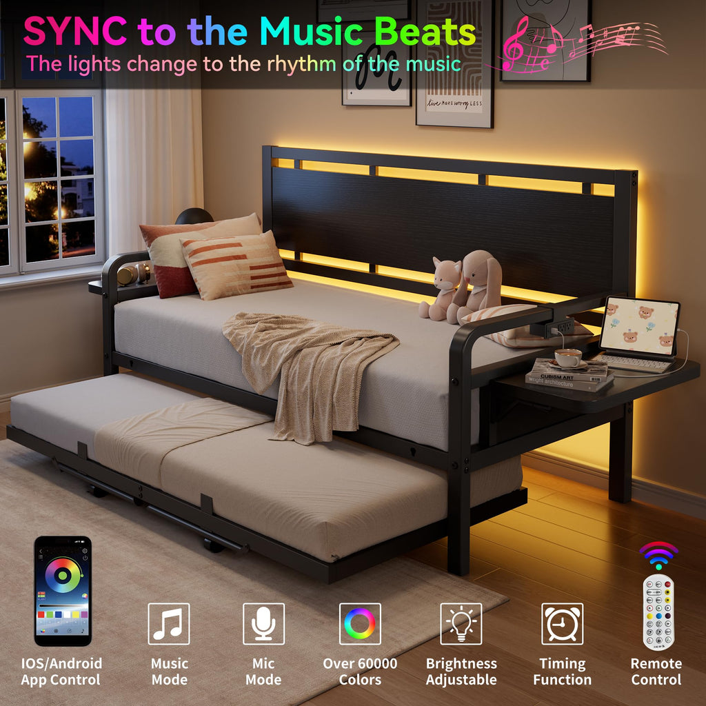 Black Metal Daybed with Trundle and LED Light J580950