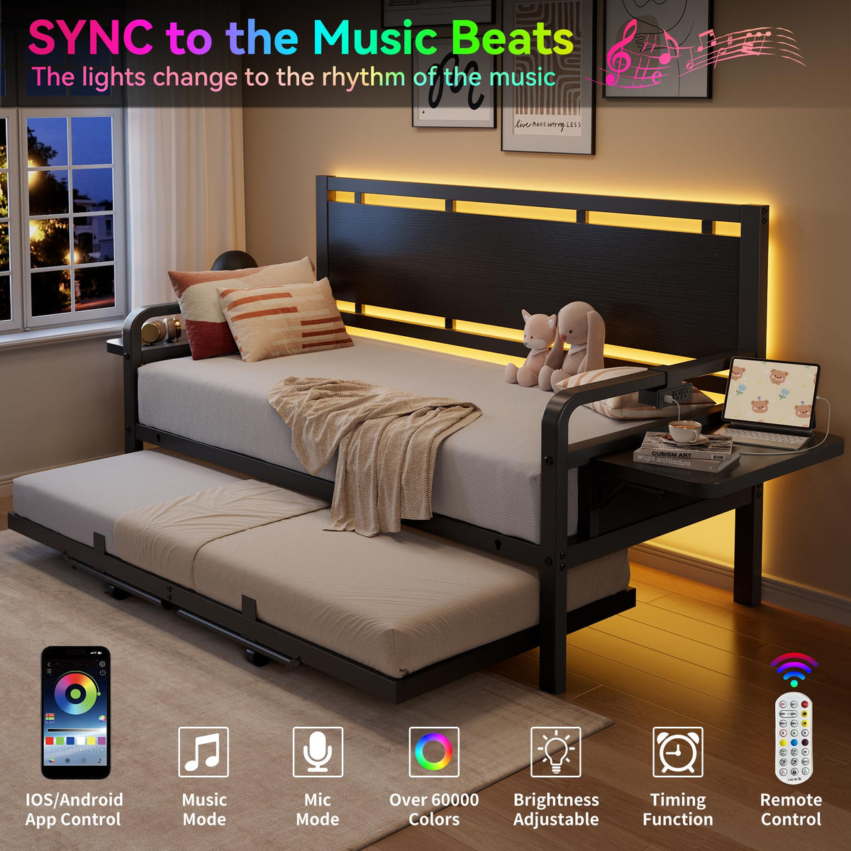 Black Metal Daybed with Trundle and LED Light J580950
