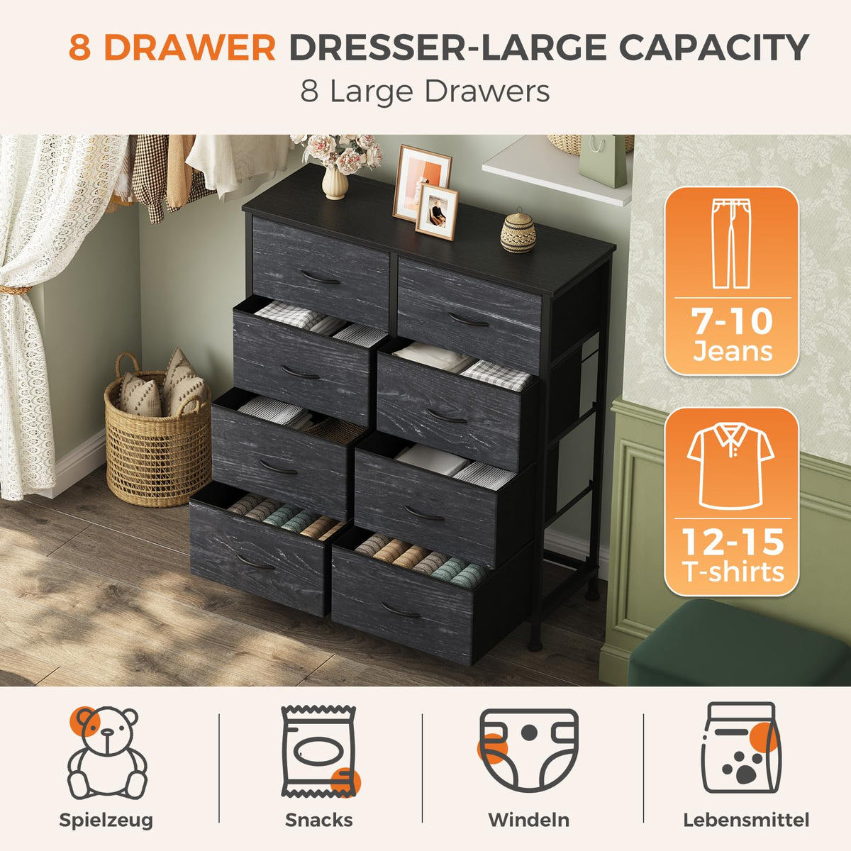 Black 8 Drawer Fabric Dresser F7366