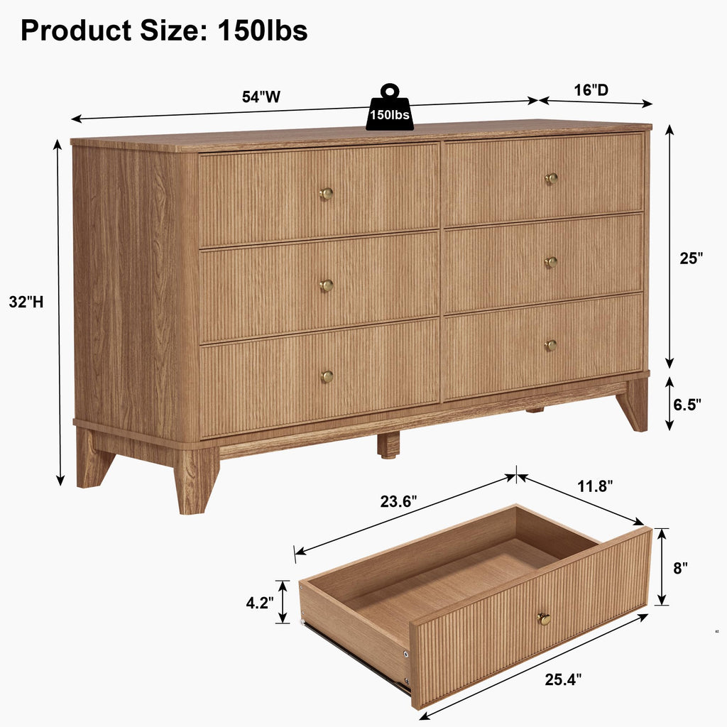 Fluted 6 Drawer Wood Dresser L306