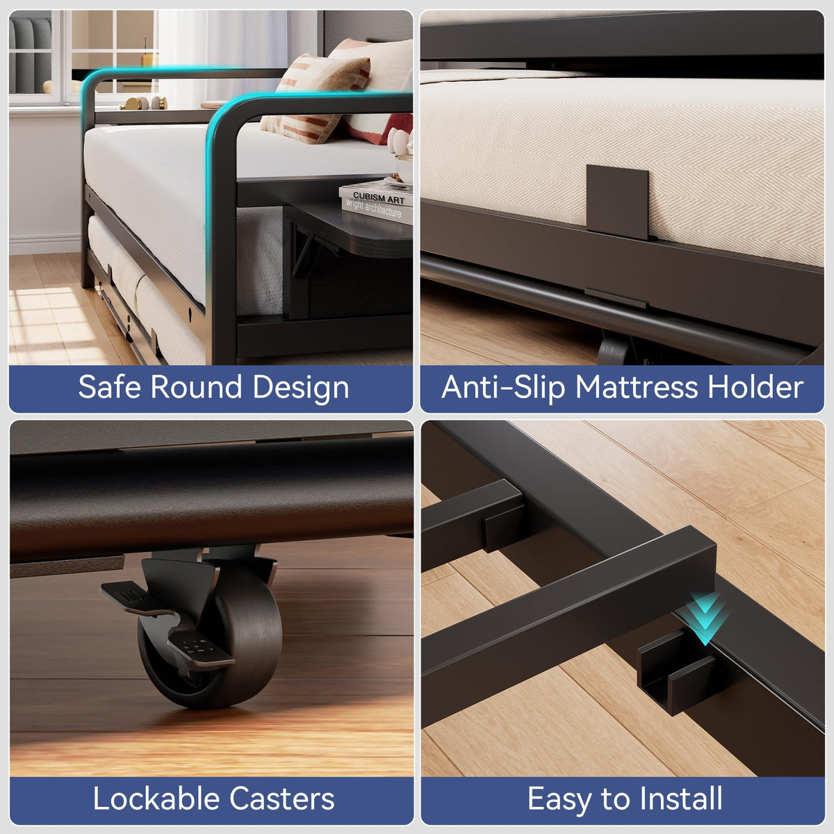 Black Metal Daybed with Trundle and LED Light J580950