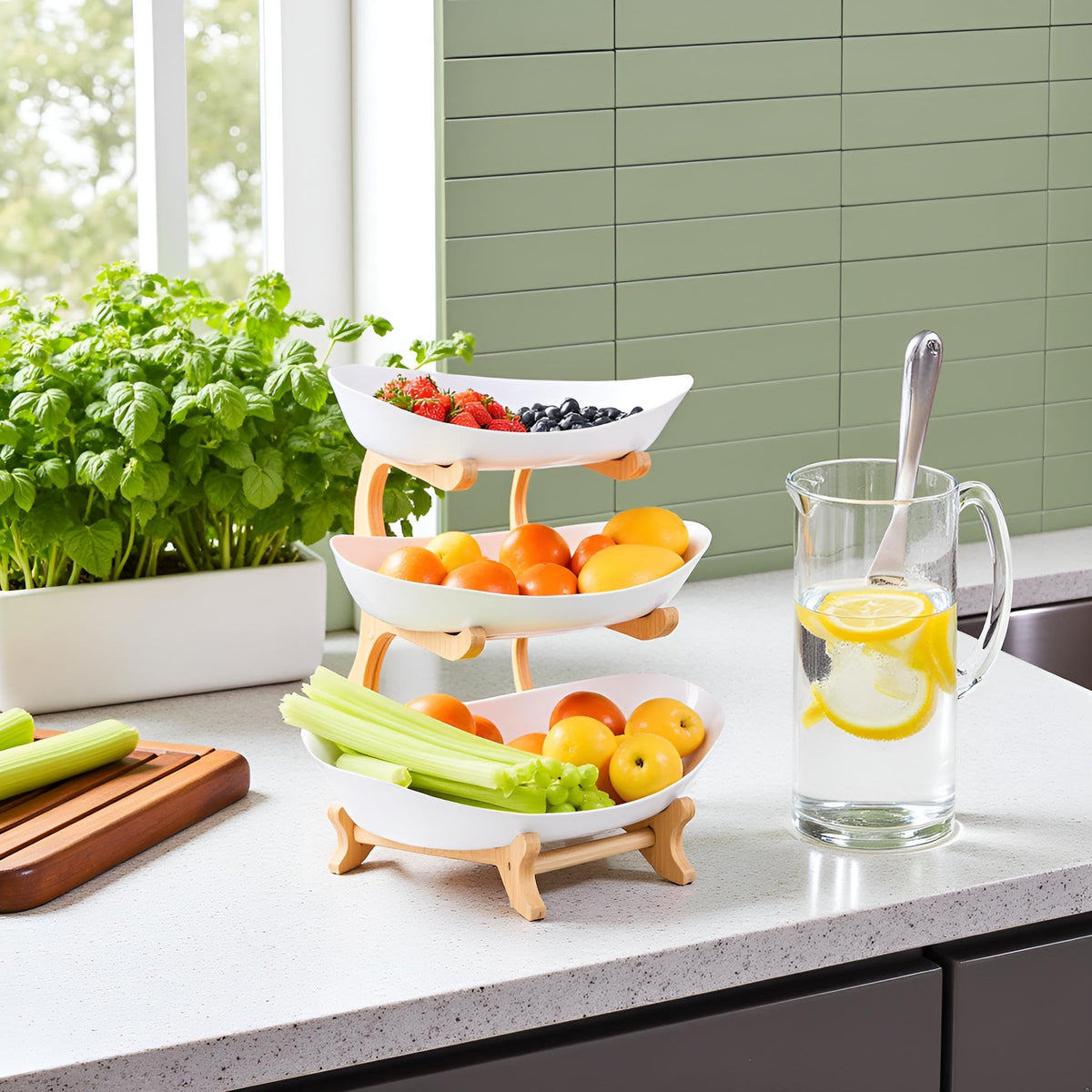 3 Tier Plastic Fruit Bowl with Bamboo Stand K72792