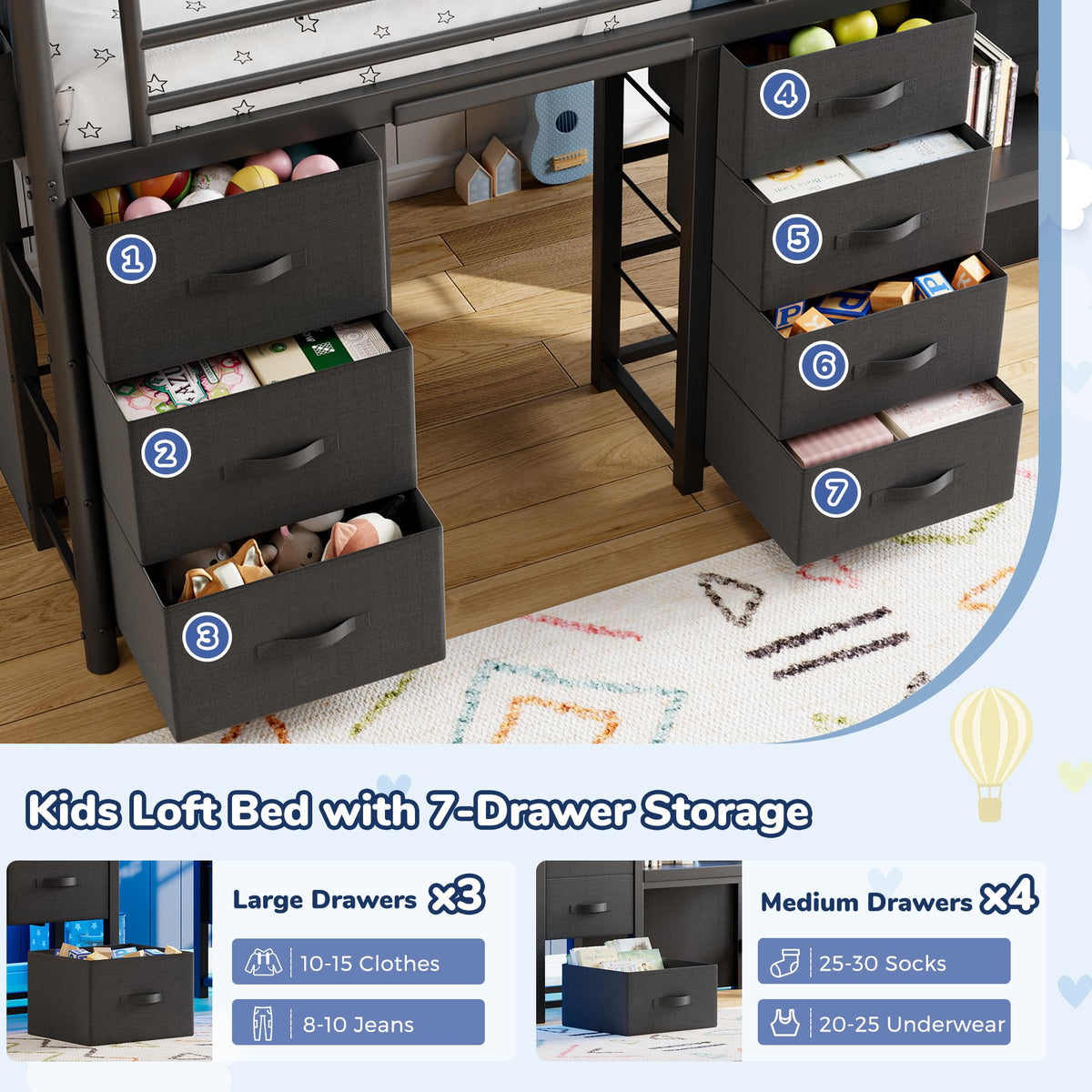 Twin Size Low Loft Bed with 7 Storage Drawers, Desk and LED Lights, Black S466864