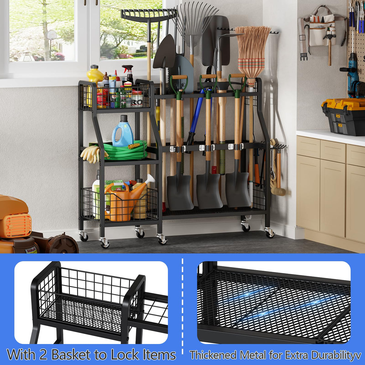 Heavy-Duty Garden Tool Organizer with 6 Wheels and 2 Baskets Y52778