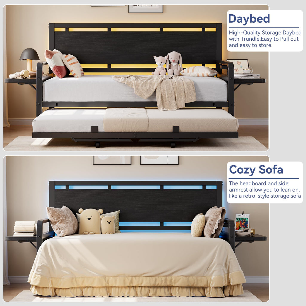 Black Metal Daybed with Trundle and LED Light J580950