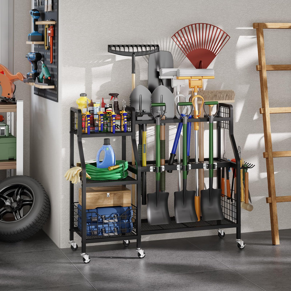 Heavy-Duty Garden Tool Organizer with 6 Wheels and 2 Baskets Y52778