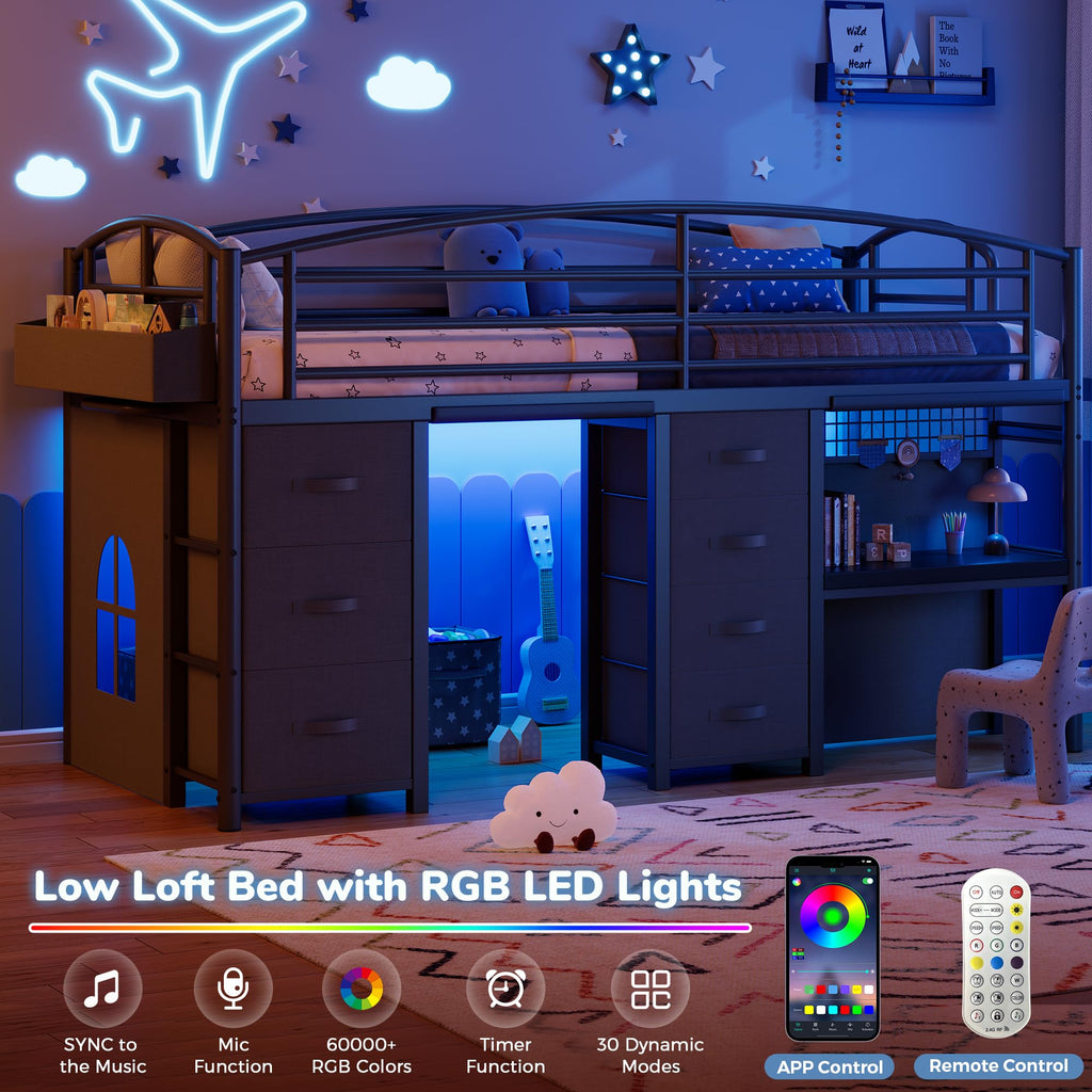 Twin Size Low Loft Bed with 7 Storage Drawers, Desk and LED Lights, Black S466864