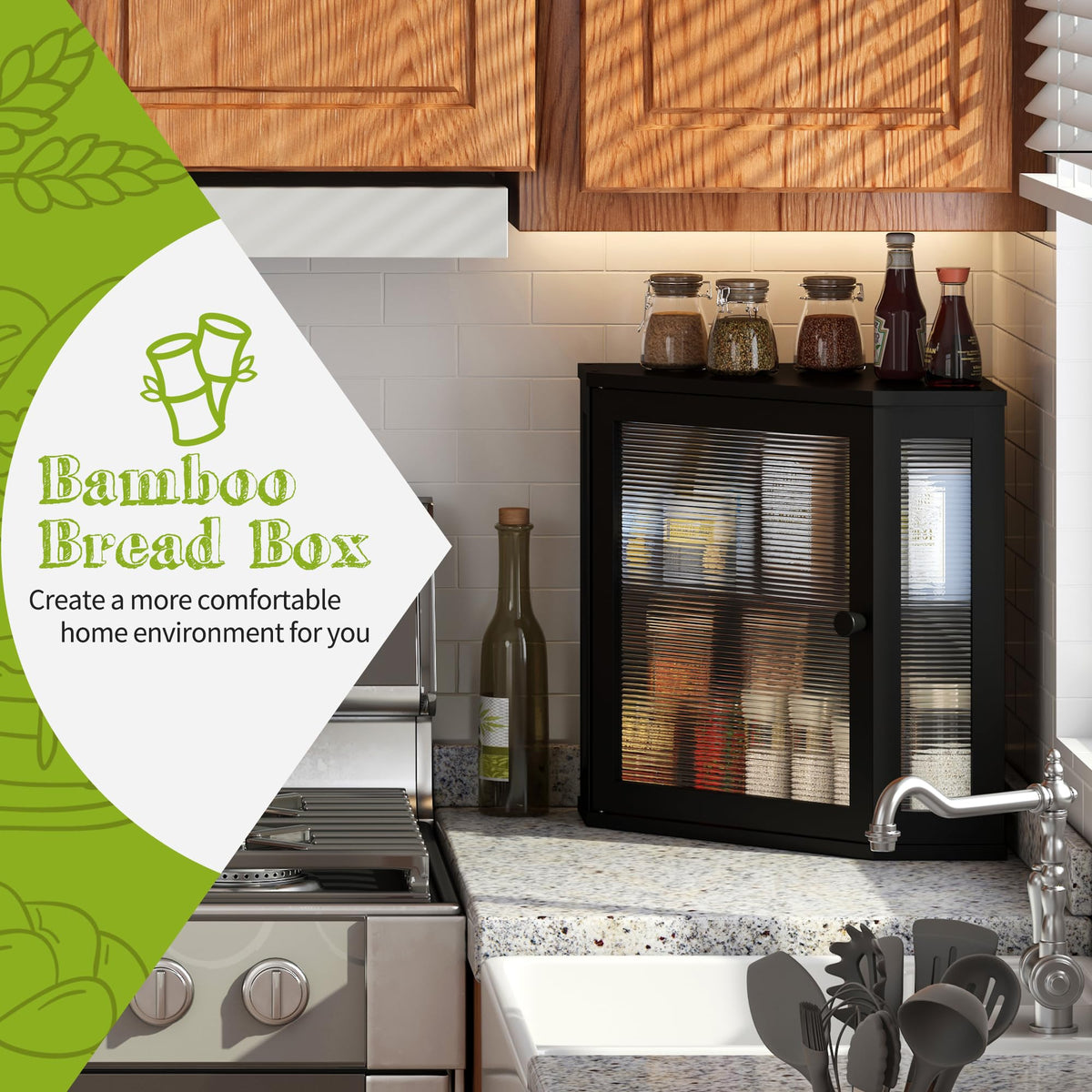 Black Medium Double Layer Bamboo Bread Box G3964