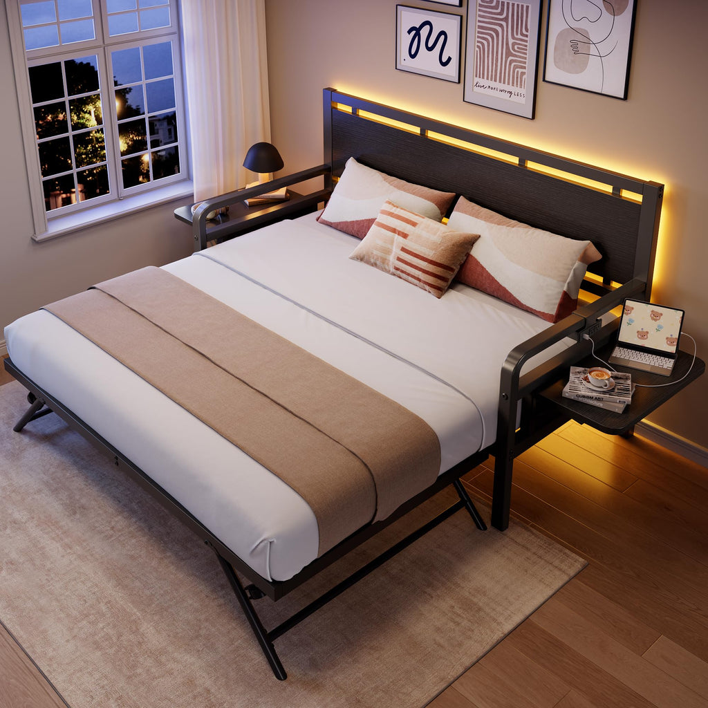 Black Metal Daybed with Trundle and LED Light J580950
