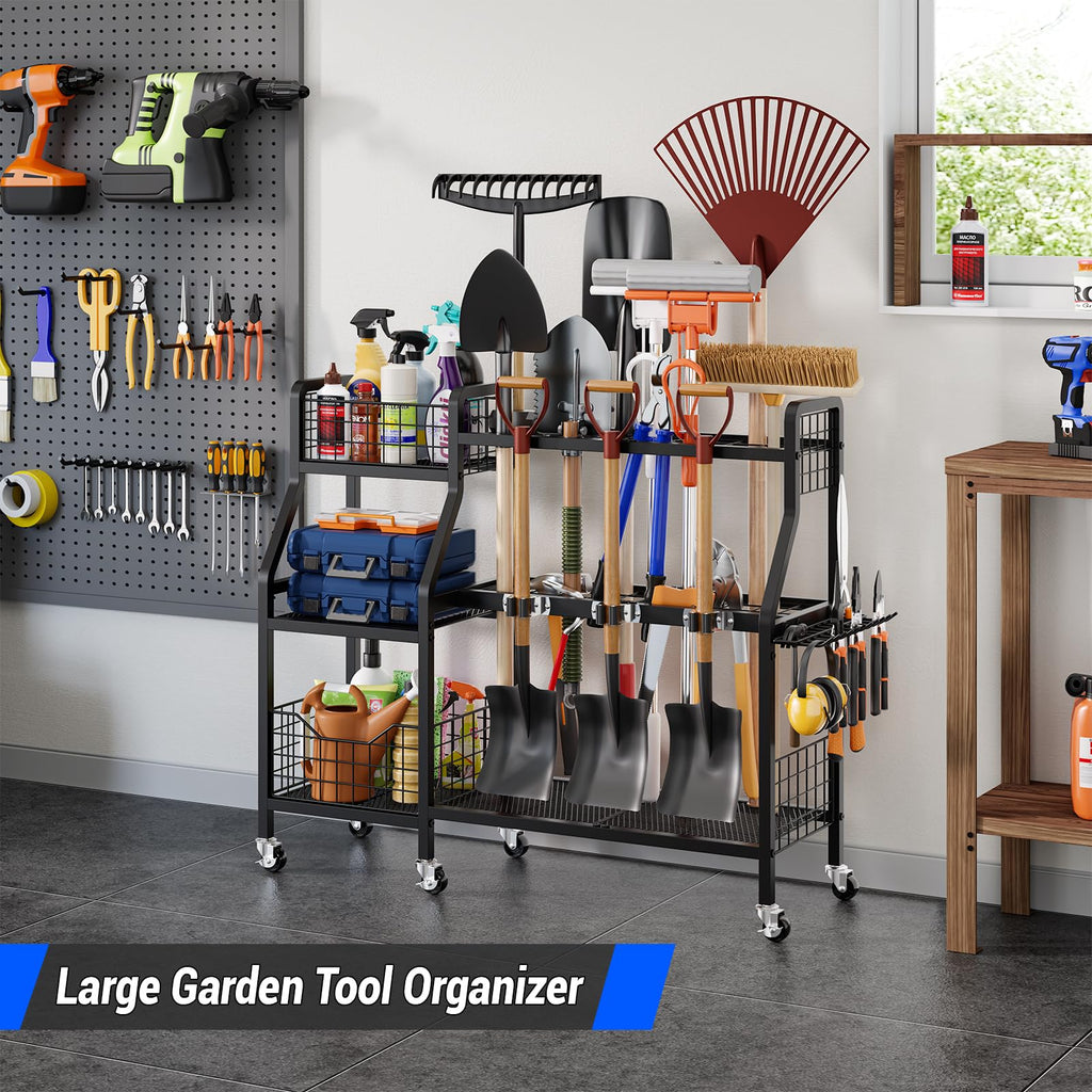 Heavy-Duty Garden Tool Organizer with 6 Wheels and 2 Baskets Y52778
