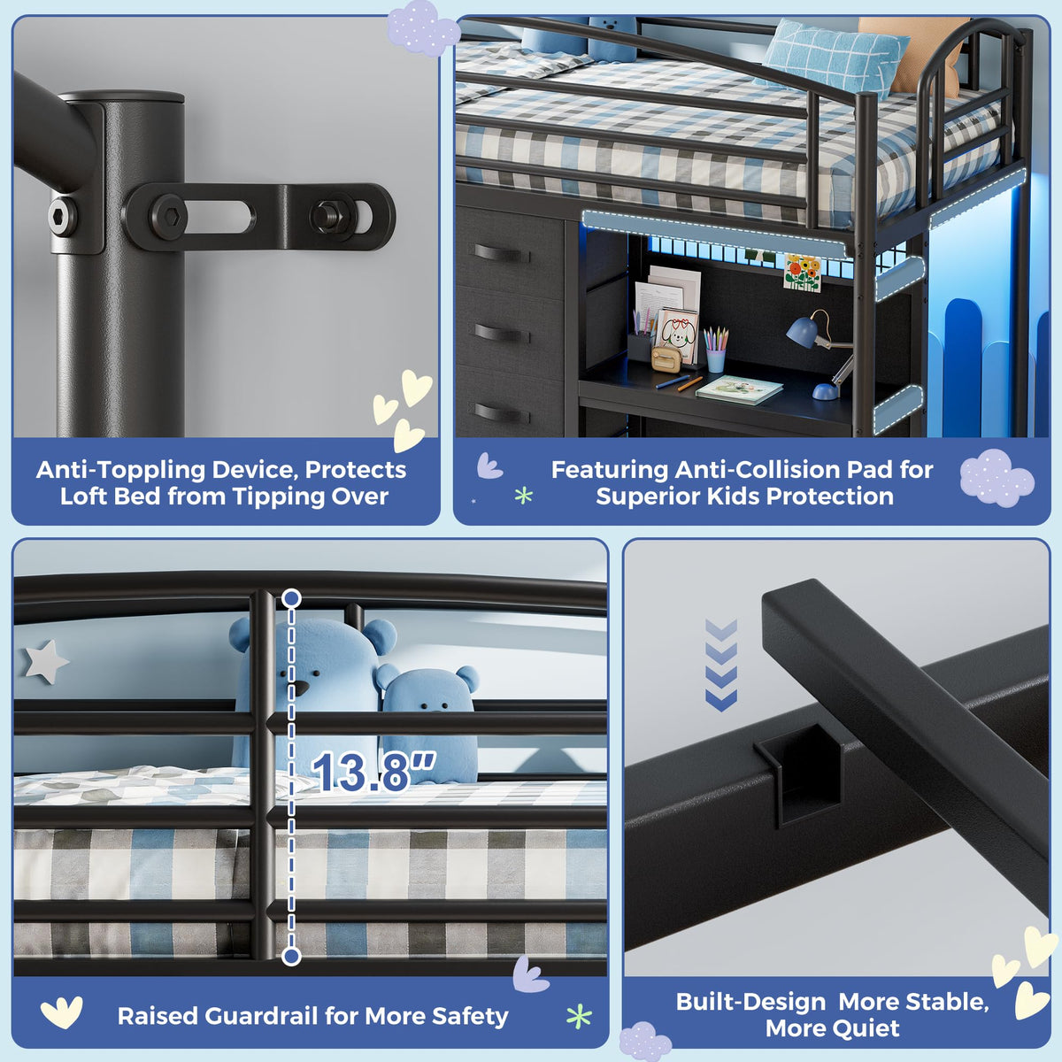 Twin Size Low Loft Bed with 7 Storage Drawers, Desk and LED Lights, Black S466864