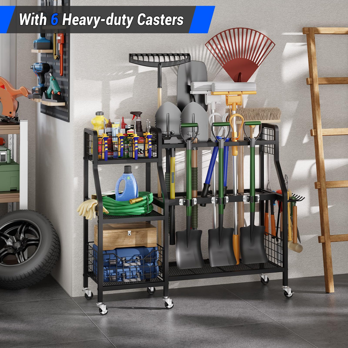 Heavy-Duty Garden Tool Organizer with 6 Wheels and 2 Baskets Y52778