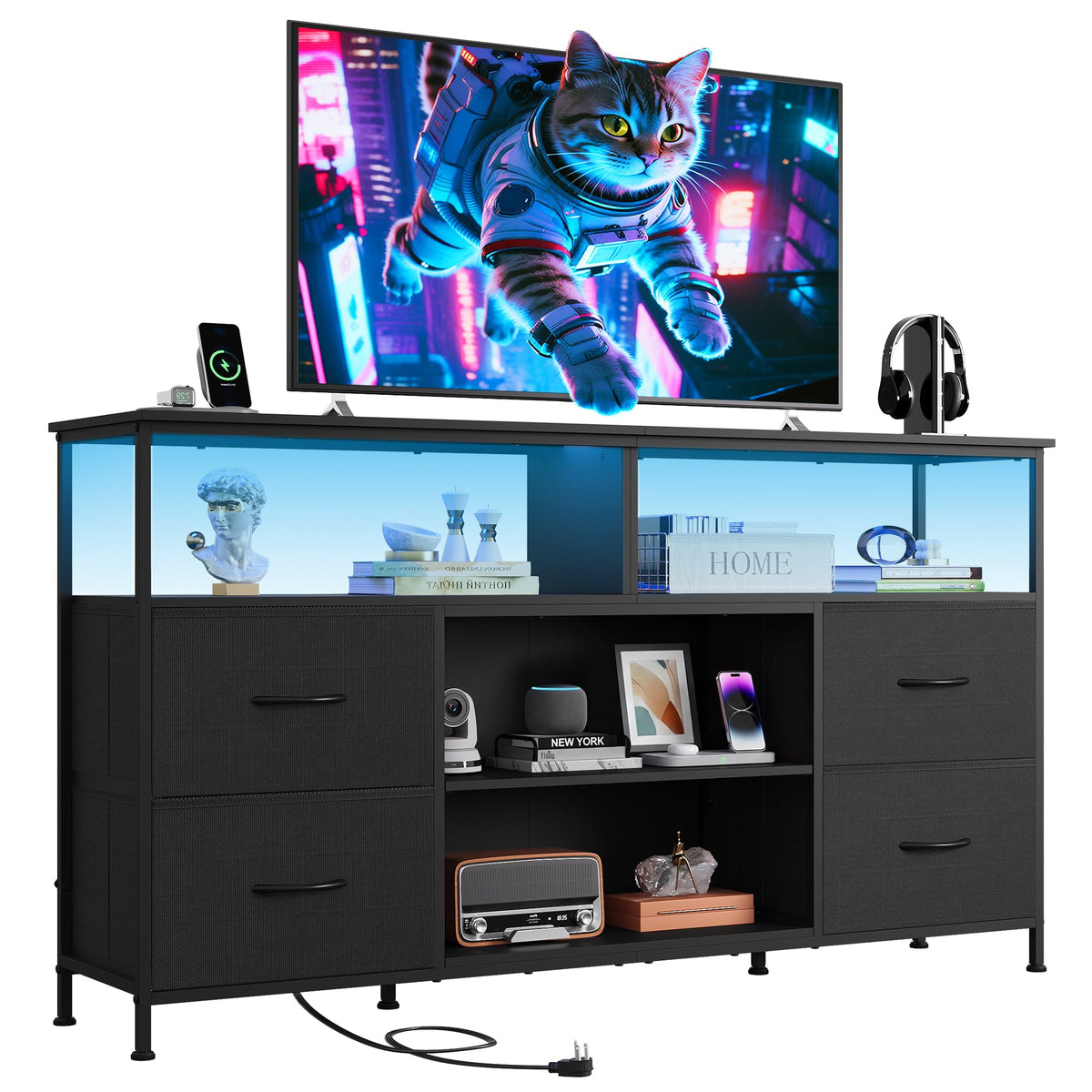 Black TV Stand Dresser with LED Lights and Fabric Drawers O477414
