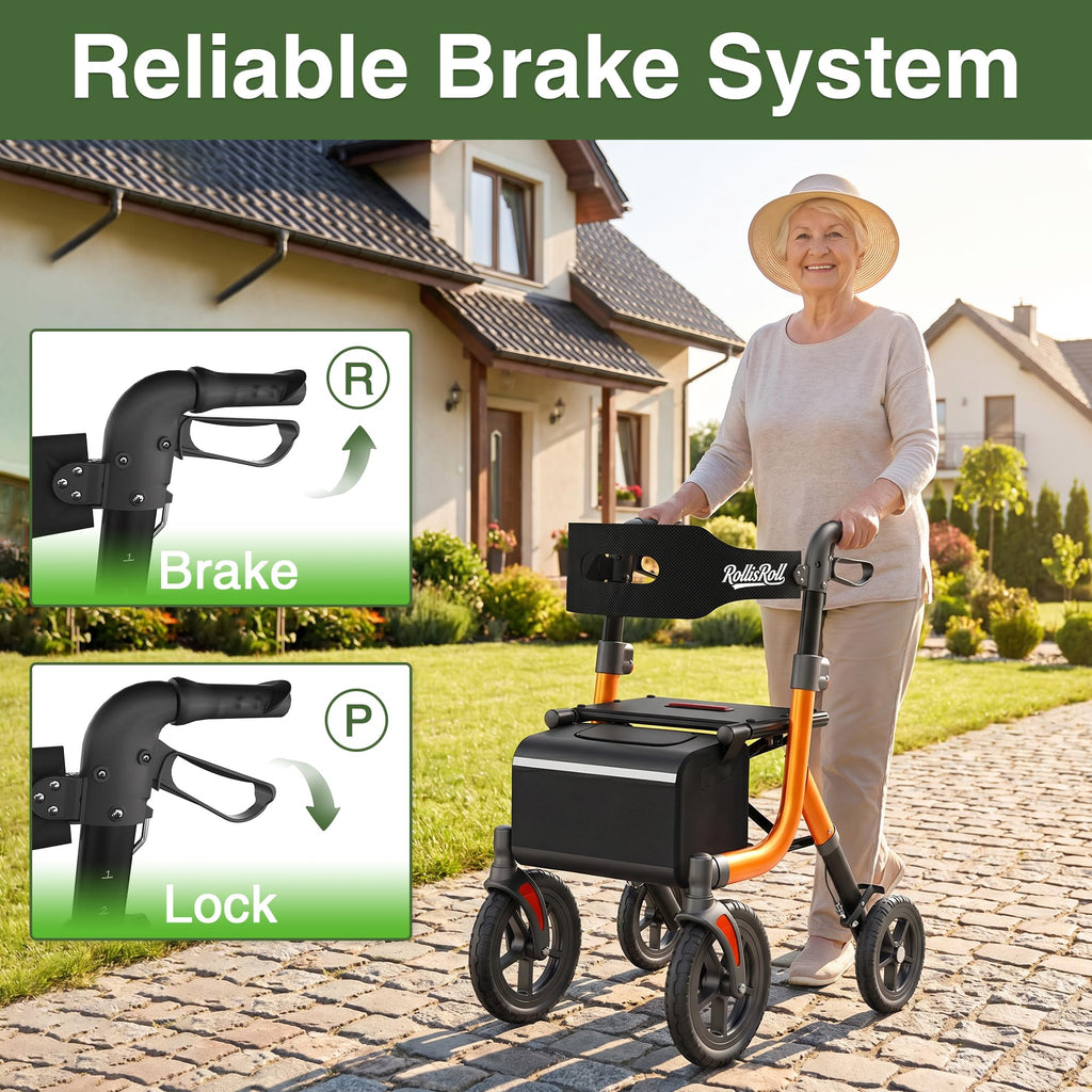 Orange Foldable All Terrain Rollator Walker with Seat A54904