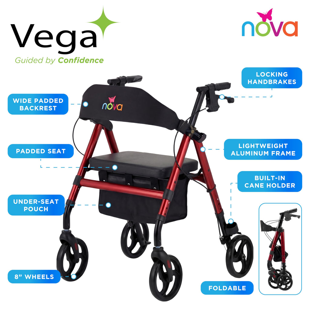 Lightweight Folding Rollator Walker with 8” Wheels, Adjustable Height, Hand Brakes, Padded Seat & Backrest, Red O736437