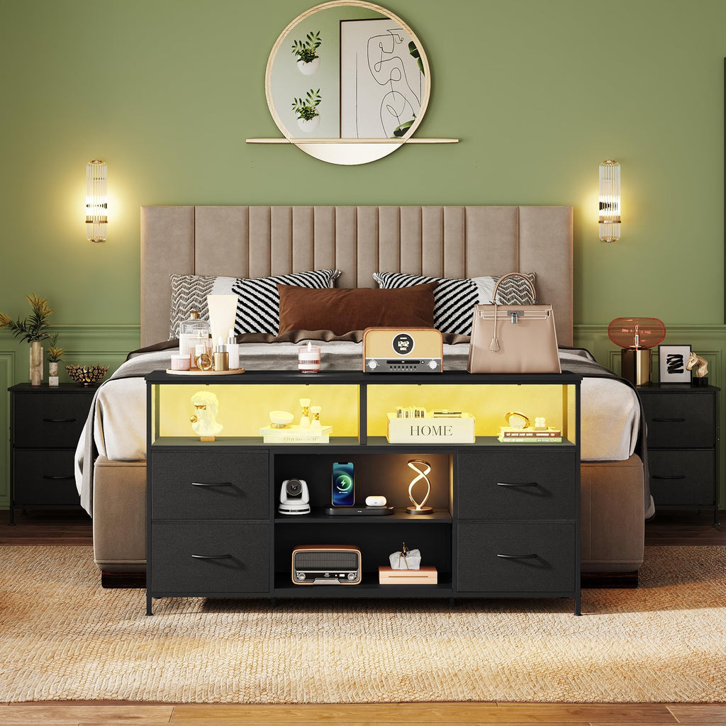 Black TV Stand Dresser with LED Lights and Fabric Drawers O477414