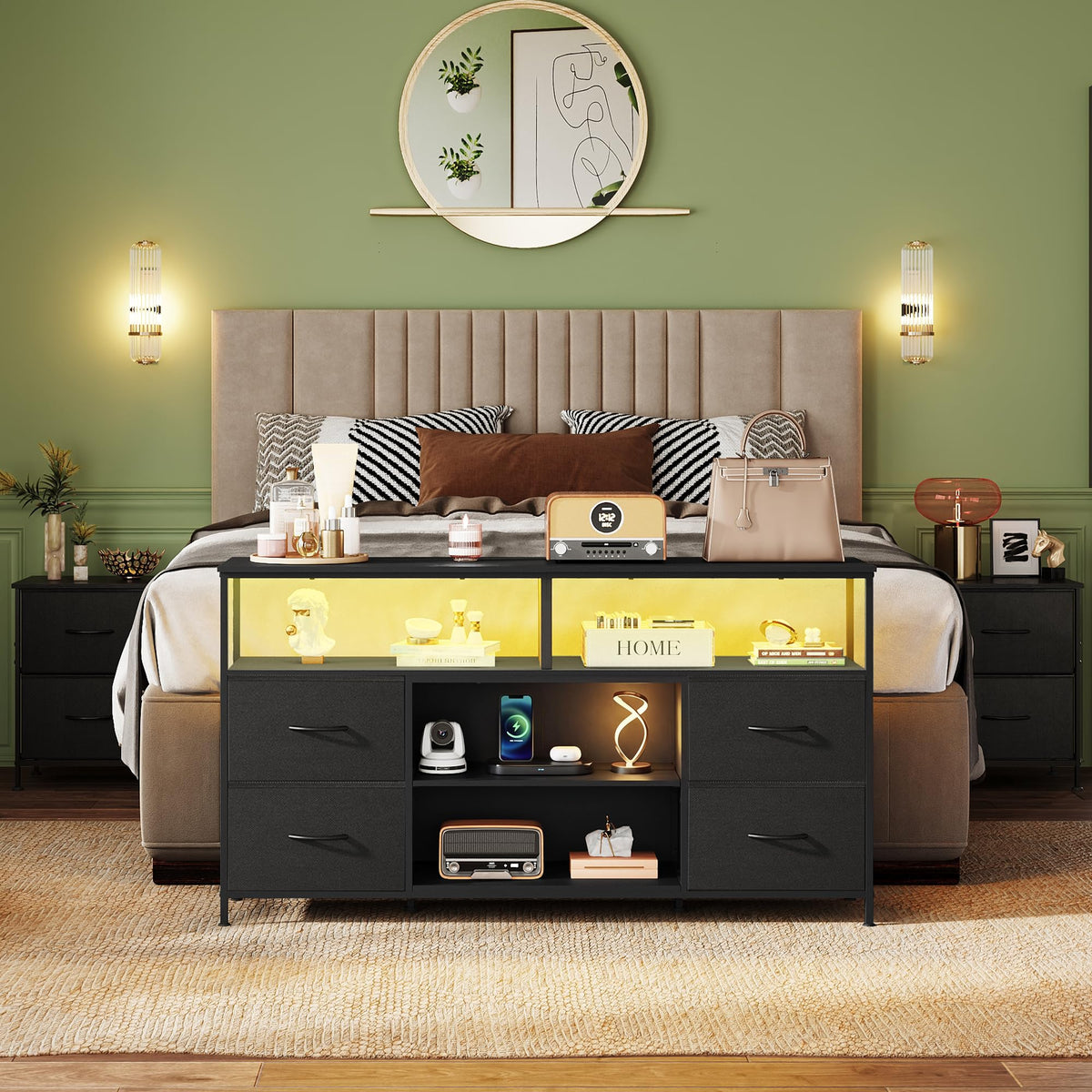 Black TV Stand Dresser with LED Lights and Fabric Drawers O477414