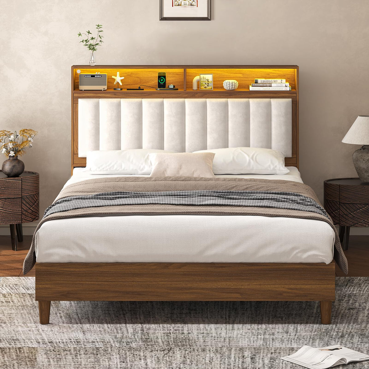 Wood Full Size Bed Frame with Charging Station & LED Lights Y47741