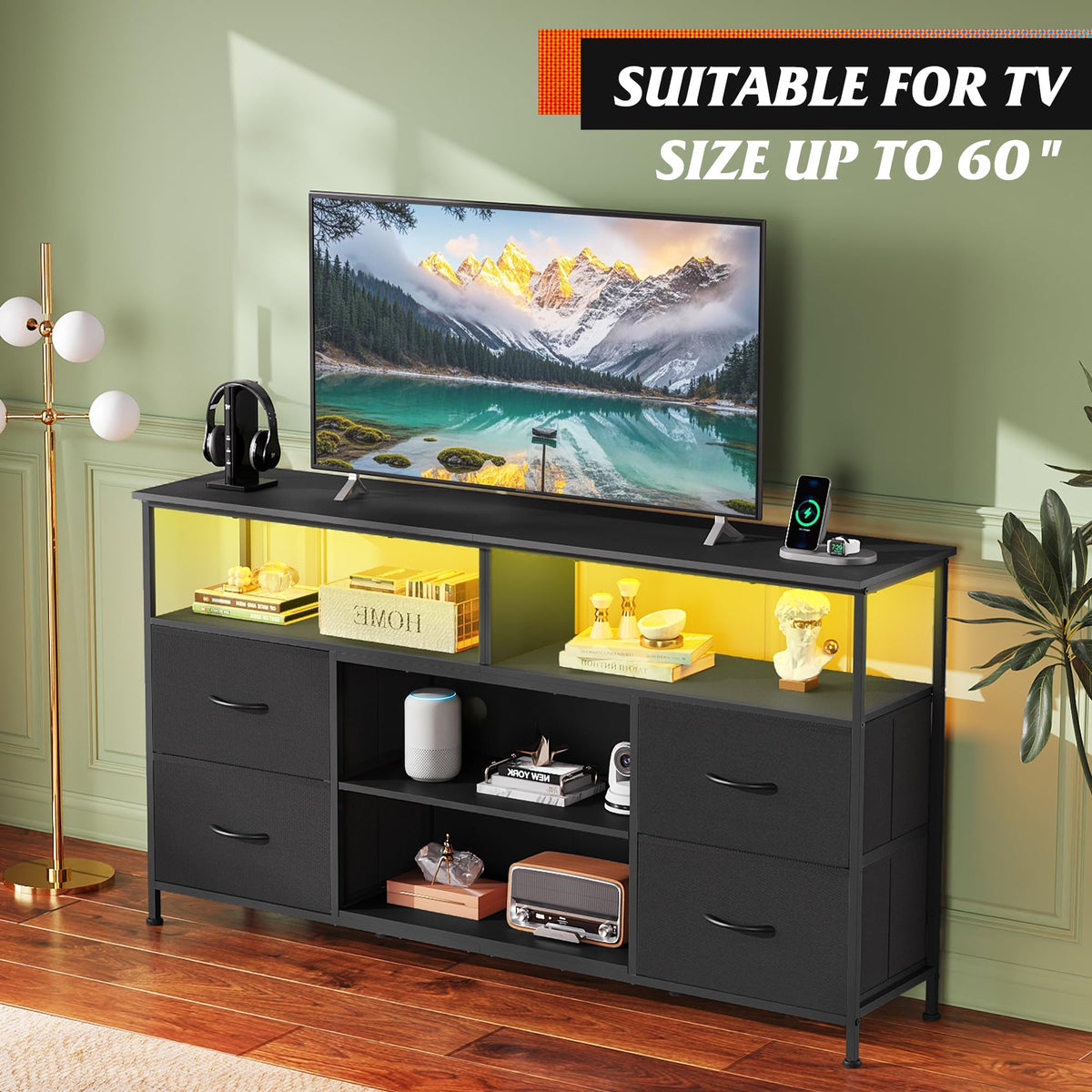 Black TV Stand Dresser with LED Lights and Fabric Drawers O477414