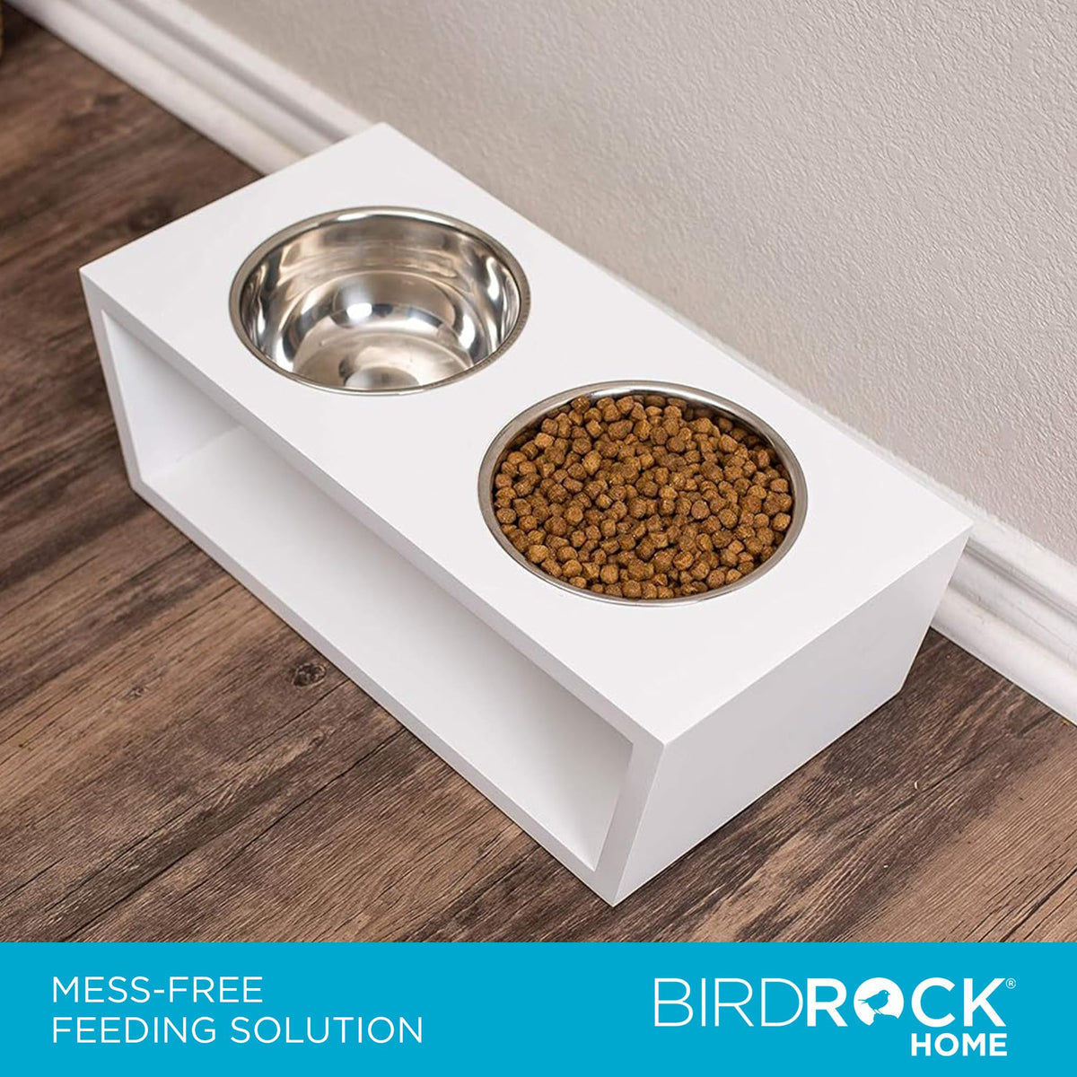 White Double Raised Pet Feeder with Stainless Steel Bowls G9662
