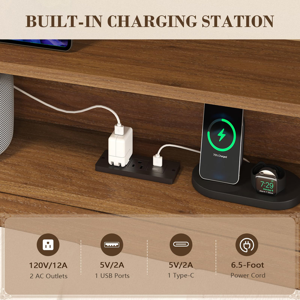 Wood Full Size Bed Frame with Charging Station & LED Lights Y47741