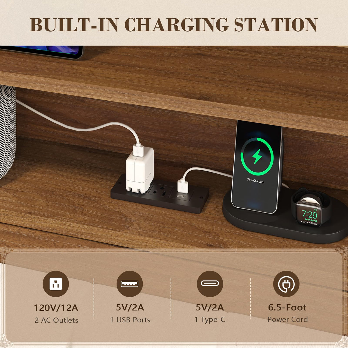 Wood Full Size Bed Frame with Charging Station & LED Lights Y47741