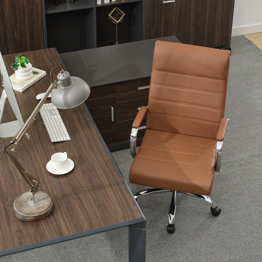Brown Leather High Back Office Chair with Armrest E495442