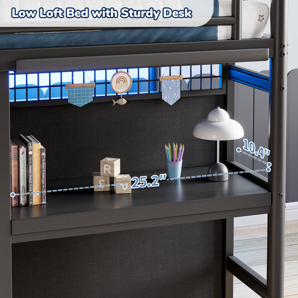 Twin Size Low Loft Bed with 7 Storage Drawers, Desk and LED Lights, Black S466864