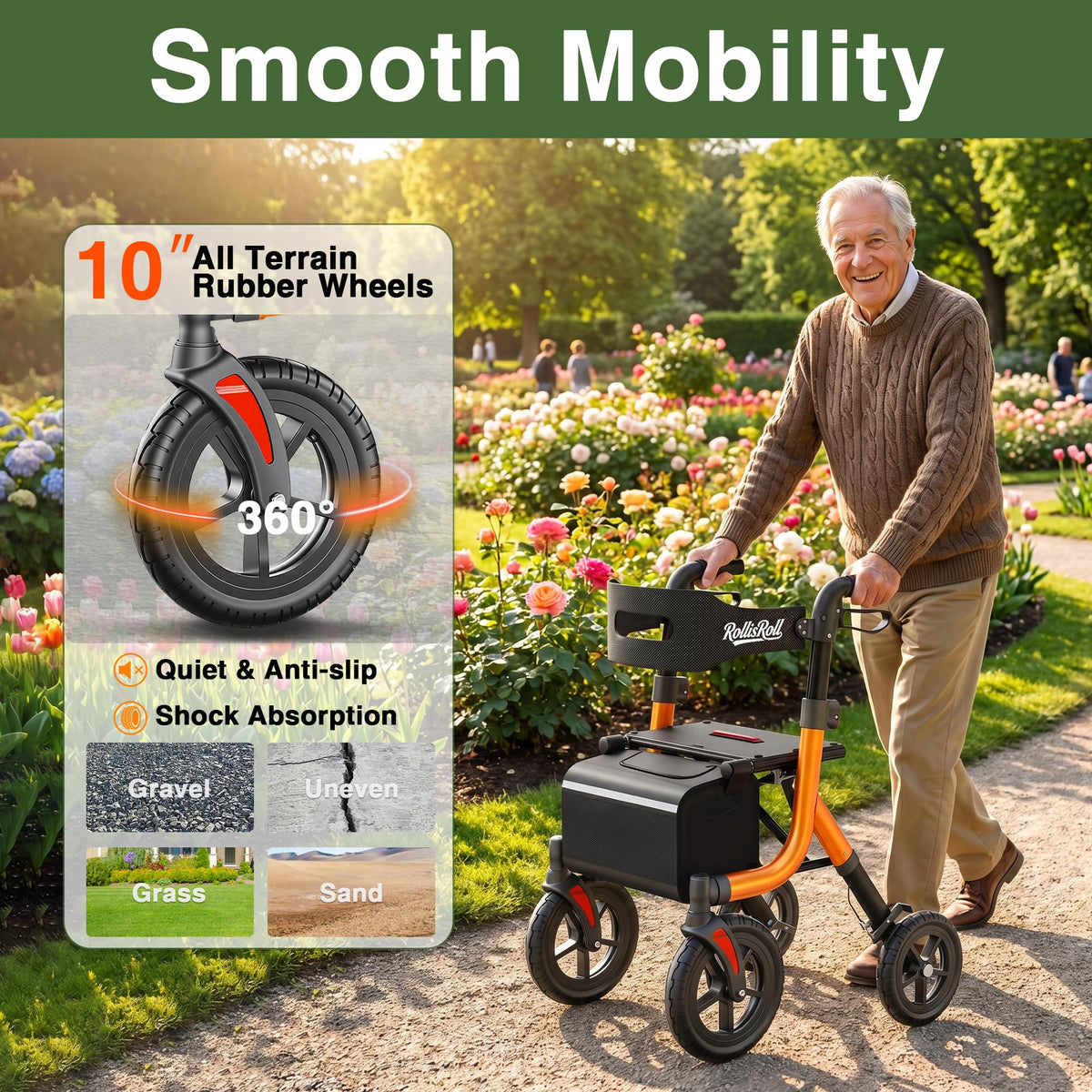Orange Foldable All Terrain Rollator Walker with Seat A54904