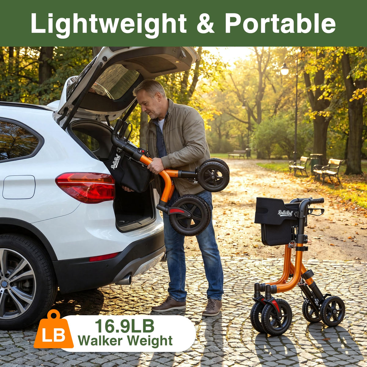 Orange Foldable All Terrain Rollator Walker with Seat A54904
